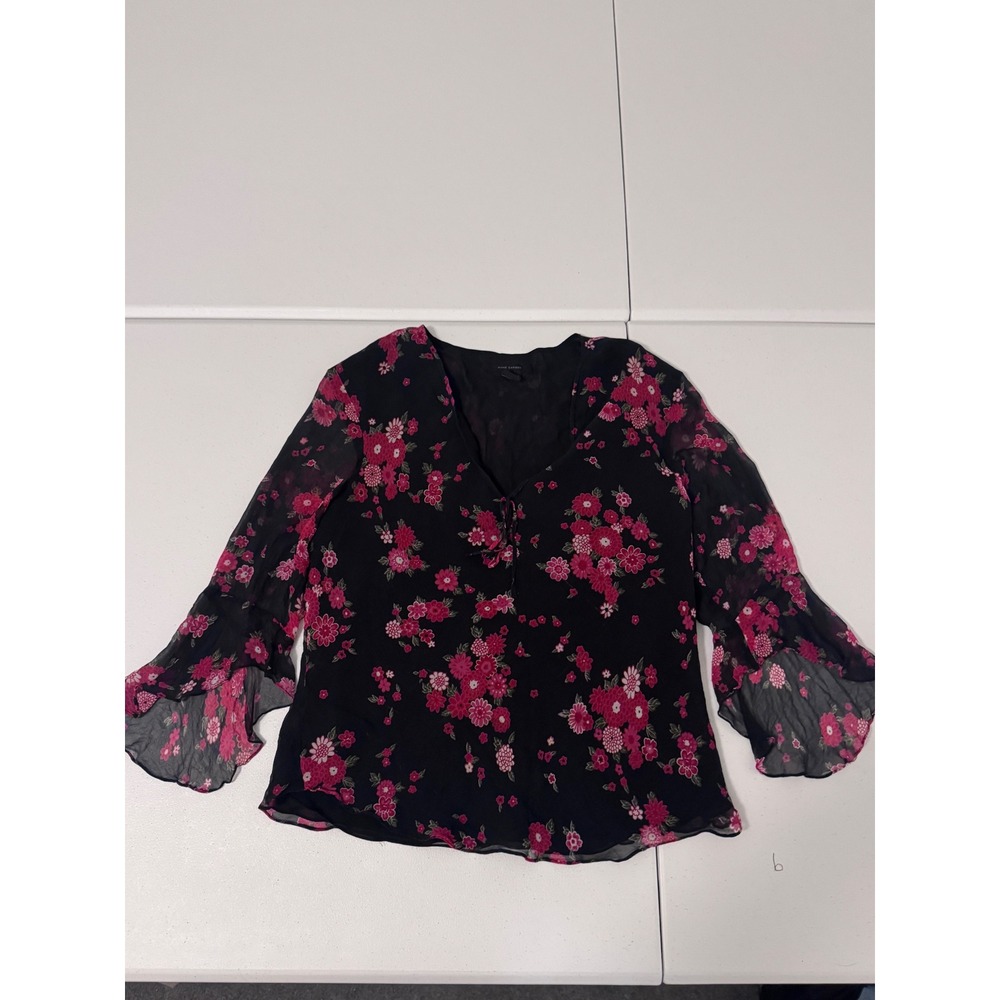 Anne Carson Black Floral Sheer V-Neck Blouse with Pink Flowers - Picture 2 of 6
